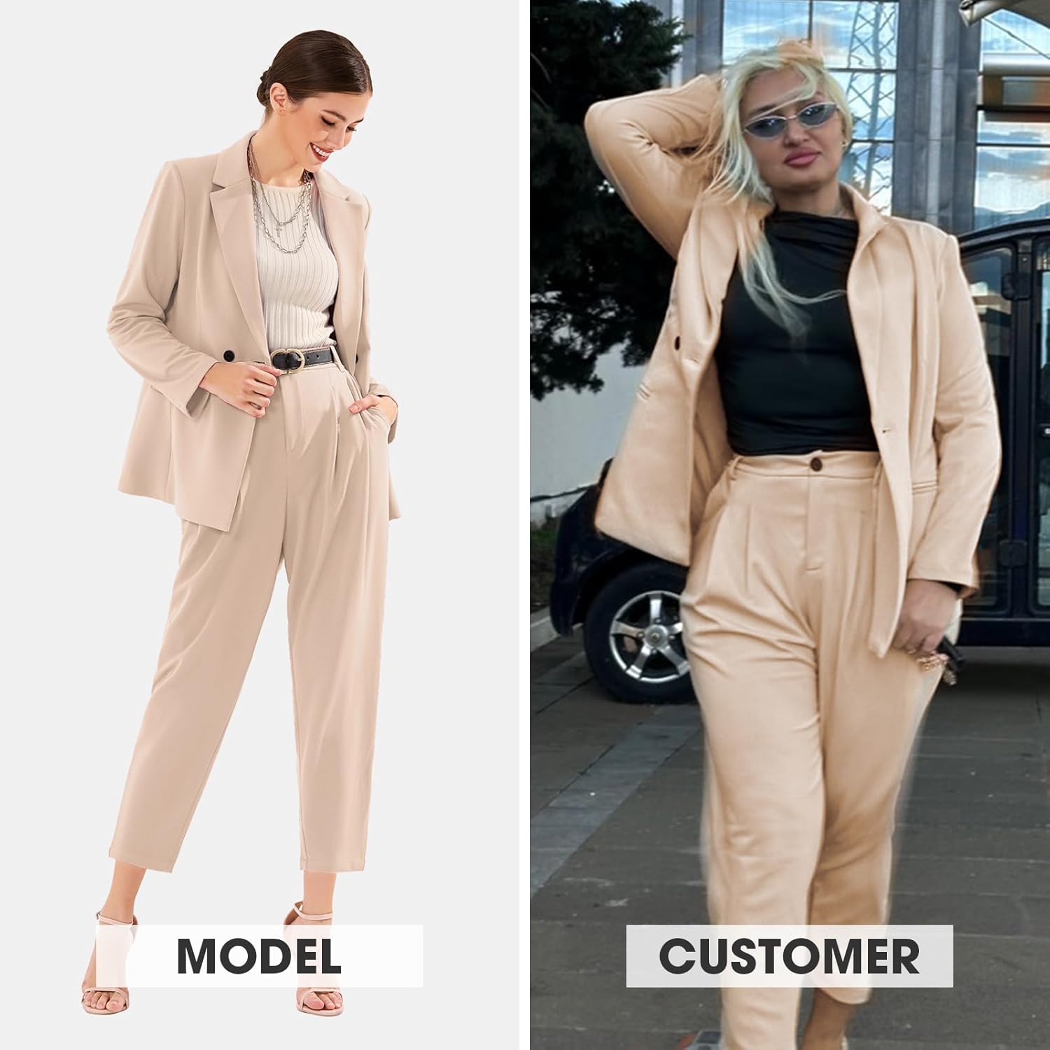 Women Business Blazer and High Elastic Waist Pant Suit Set Loose Fit Casual Fall Winter 2 Piece Suits for Work - Image 2